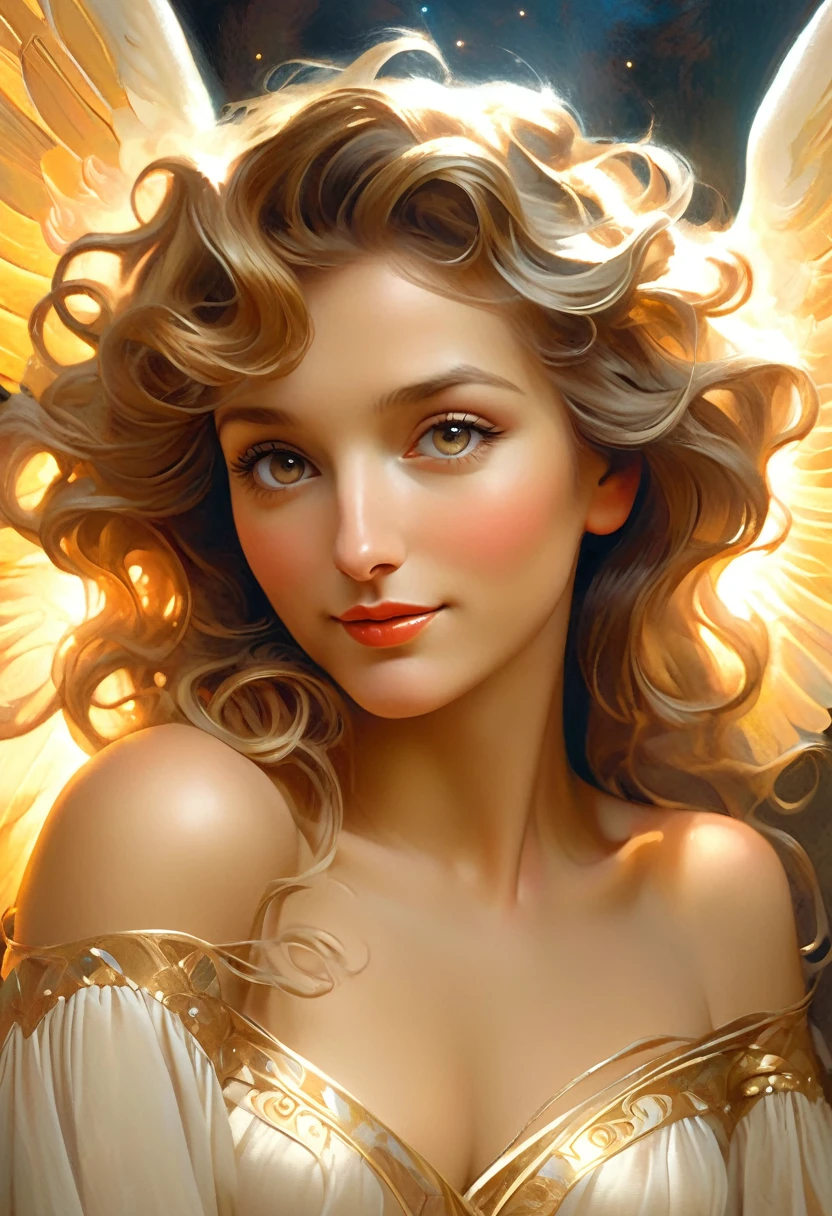 (best quality,4k,8k,highres,masterpiece:1.2), ultra-detailed, (realistic,photorealistic,photo-realistic:1.37),Close-up portrait of the most beautiful angel in the universe, D & D, face, Fantasy, complicated, elegant, Very detailed, Digital Painting, Art Station, Concept Art, Smooth, Sharp focus, figure, ArtJam, Greg Rutkowski, Art by Alphonse Mucha, sexy, golden eyes, (winking at viewers:1.5), Surrounded by a mysterious aura, cleavage, sexy, thigh, short skirt