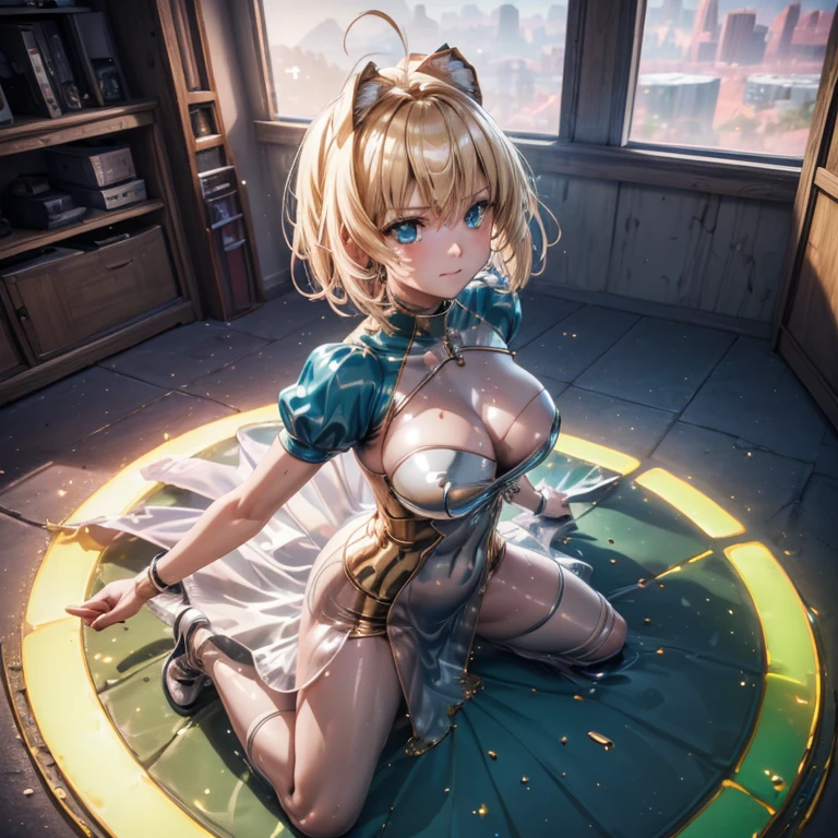 ((Highest quality)), ((masterpiece)), (detailed:1.4), 3d, detailedな筋肉のリアルなmasterpieceを持つカメラを見ている美しいサイバネティックガール, Beautiful cyberpunk woman image,High resolution (High Dynamic Range),Ray Tracing,NVIDIA,Super Resolution,Unreal 5,Scattered beneath the surface,PBR Texturing,Post-processing,Maximum clarity and sharpness,Multilayer Texture,Albedo and Specular Maps,Surface Shading,Accurate simulation of light-matter interactions,Perfect Proportions,Octane Rendering,Two-tone lighting,wide aperture,Low ISO,White balance,Three-part method,8K RAW, Active Pause, Action pose, (Gold Parts), fringe, whole body, Emerald Blue Eyes, very beautiful shorthair, (A faint smile), ((Very elegant)), ((Very luxurious)), ((Very large room)), (Suite Room), (From above),masterpiece,8k,(Silicone Skin), ((In-focus photo)), ((Focused photos)), ((People are not blurred)), 4K,Blonde、Attractions、A beautiful, high-contrast, rainbow-hued costume、Tight clothing ,sprawl ,Heart symbol,(Glowing Skin、Pink and blue light source),huge , ((Heavy breathing:1.3)), , Little devil smile, Angle from below、、throw、((Illuminated by neon and black lights)))、Dancing, (with a gun in hand)、((Two perfect hands))、((Perfect Five Fingers))、