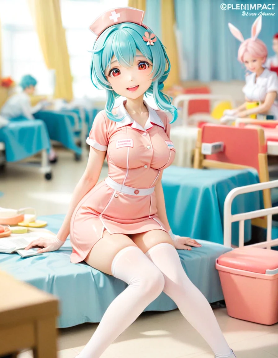 1girl, solo,thighhighs,smile, :d, sitting,open mouth, breasts, looking at viewer, blurry foreground, blush, depth of field, medium breasts, white thighhighs, ctwitter username, dutch angle, blurry,indoors,Nurse,Nurse uniform,Ward, bed,Hands behind your, Sigewinne (genshin impact),medium Breasts,red_eyes ,nurse,Bunny ears