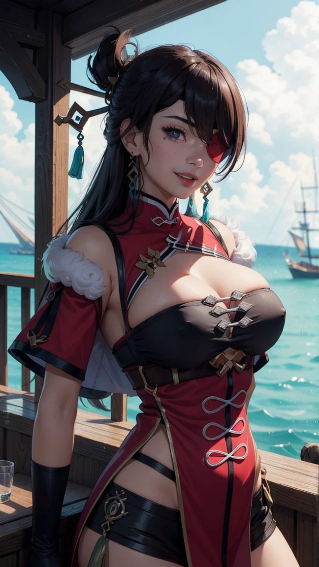 ((masterpiece)),(bestquality),((ultra-detailed)), (beautiful detailed face), depth of field,detailed,((beautiful detailed eyes)), big breast, beidoudef, eye patch, body 3:4, in a pirate boat. Laughing and drinking a bottle of rum.