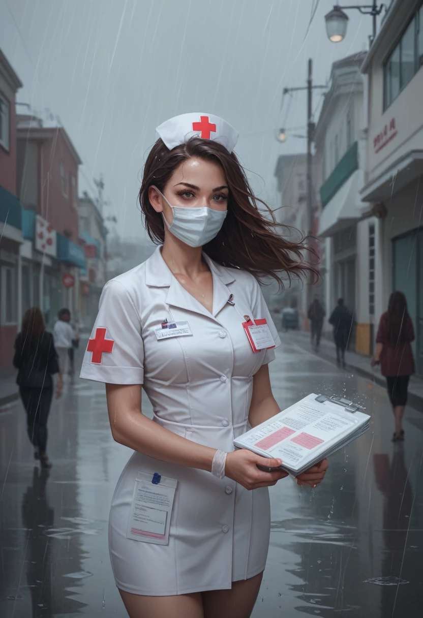 best quality, high resolution, ultra detailed, realistic, female nurse, holding medicines, wearing medical mask, heavy rain, wind, thunder, reflections, 