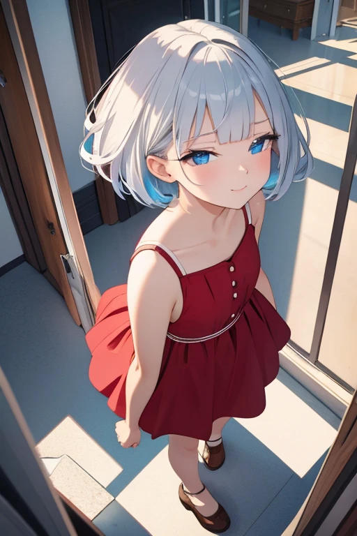 A woman with silver bob hair and blue eyes, ((She is looking up)), extremely detailed and realistic, masterpiece quality, ultra-detailed, HDR, taken from above with a camera, vivid colors, physically-based rendering, ((She is facing completely to the side)), wearing long red dress,