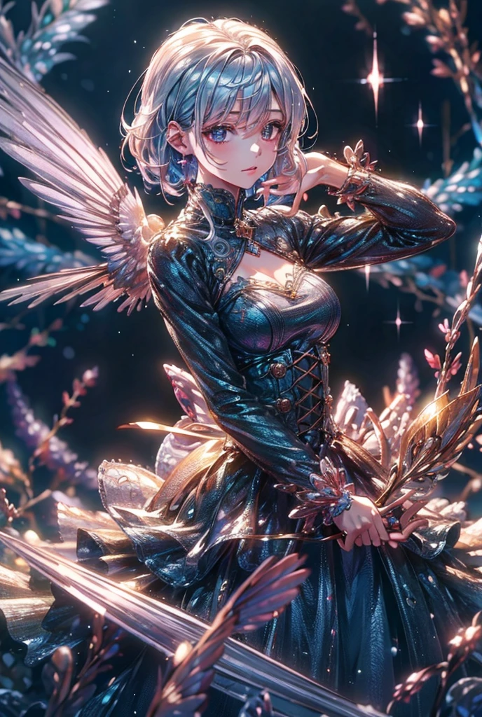 silver hair, crystal hair, Surrealism, anime, Hyperrealism, lens flare, 8k, super detail, UHD, masterpiece, accurate, anatomically correct, textured skin, super detail, high details, high quality, award winning, best quality, highres
**Theme**: Beginner girl
**Character Details**:
- **Hair Color**: Silver
- **Personality**: Quiet but curious
- **Clothing**: Cute dress
**Background**: Starry sky