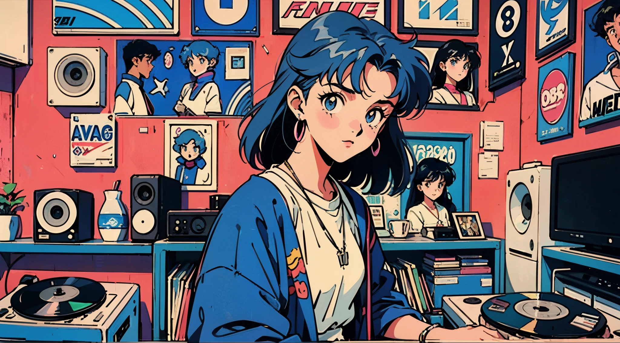 anime girl with blue hair playing music in a nostalgic room with record decks, 8 0 s anime vibe, lofi girl, 8 0 s anime art style, retro anime girl, in the art style of 8 0 s anime, 8 0 s anime style, 9 0 s anime art style, 9 0 s anime aesthetic, 1980's anime style, color of wall is grey