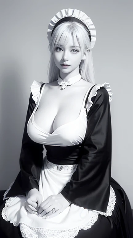 ((Highest quality))、((Very detailed))、(Huge breasts:1.2)、(Wide Hips:1.2)、20-year-old、(Detailed eyes:1.3)、Beautiful body lines、(Random gravure idol poses)、Platinum Blonde Hair、(Black and white maid outfit:1.4)、Stylish cafe