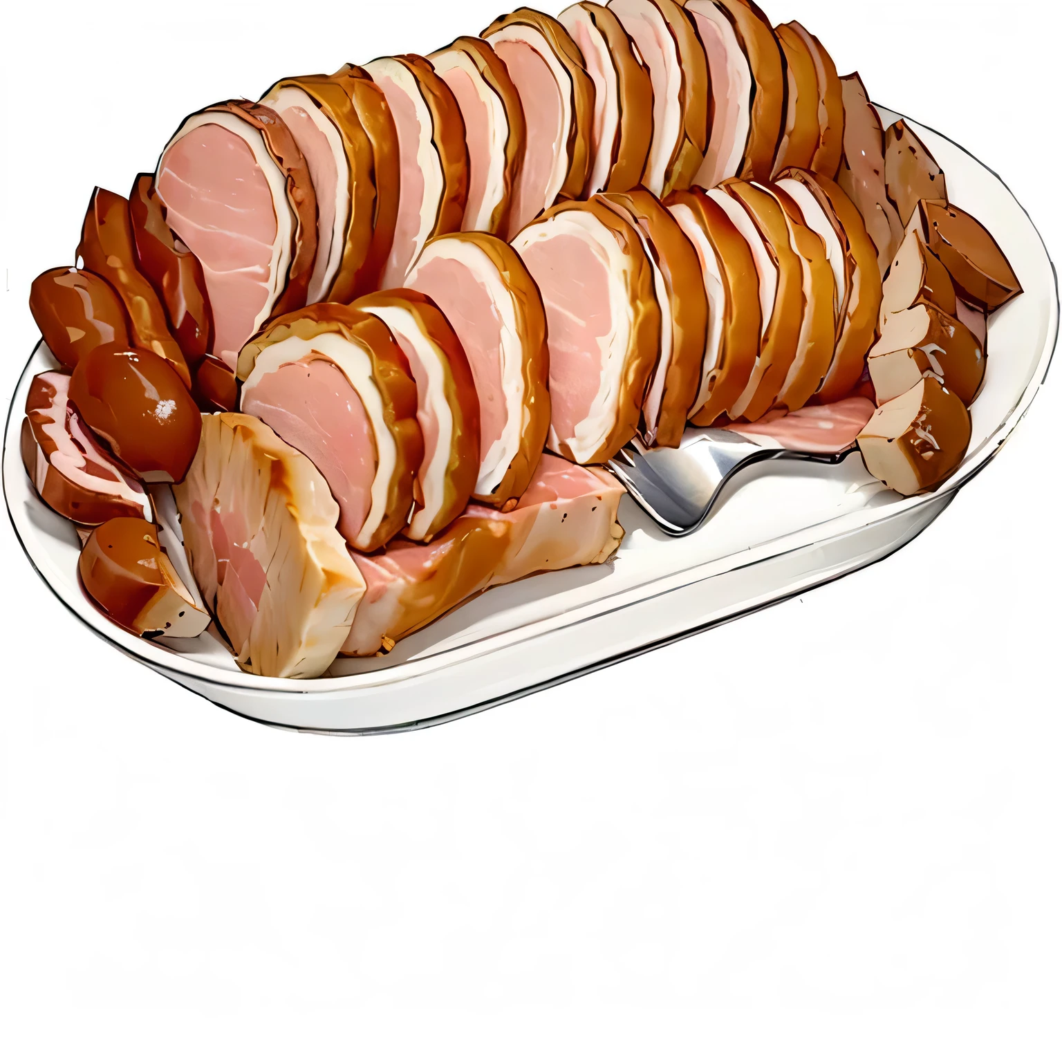 there is a plate of sliced meat on a plate with a fork, pork meat, lunchmeat, Digital Art - w 0, Hyper-realistic food pictures, sausage, juicy meat, meat texture, anonymous as a sausage, also, e in illustrator, Digital Art - W 700, ASP, 烤meat串, Serving the ribs, meat, sausages