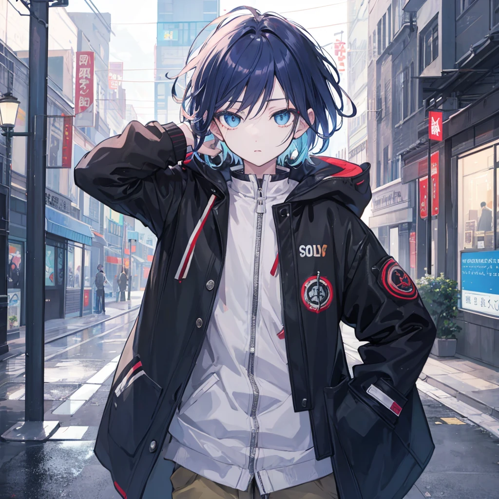(masterpiece,Highest quality,Anime Style,atmosphere,More Information,CG rendering,Character portrait,Ray Tracing)((juvenile、juvenile、Shota、Solo))1 boy, City of night, rain, coat, Detailed face, Detailed eyes, Beautiful Eyes, View your viewers, Put your hands in your pockets、Beautiful colored eyes、Gradient Hair