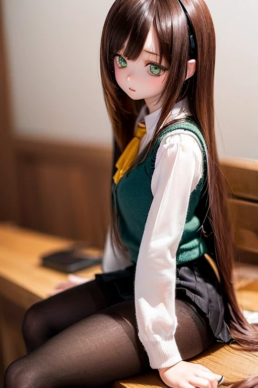 (SFW:2), photorealistic, realistic photo, 8k, ((highest quality)), ((masterpiece)), (extremely detailed), kukolnydom, doll, (mature woman, 22yo, 22 years old, solo:1.6), (profile, from side, sitting on desk. slim, slender, skinny, medium breasts, hairband, ascot, vest, blouse, long puff sleeves, pleated skirt, black pantyhose, green eyes, brown hair, long hair, plastic skin, looking at another, glass eyes, gradient eyes, shining eyes, detailed eyes:1.3)
