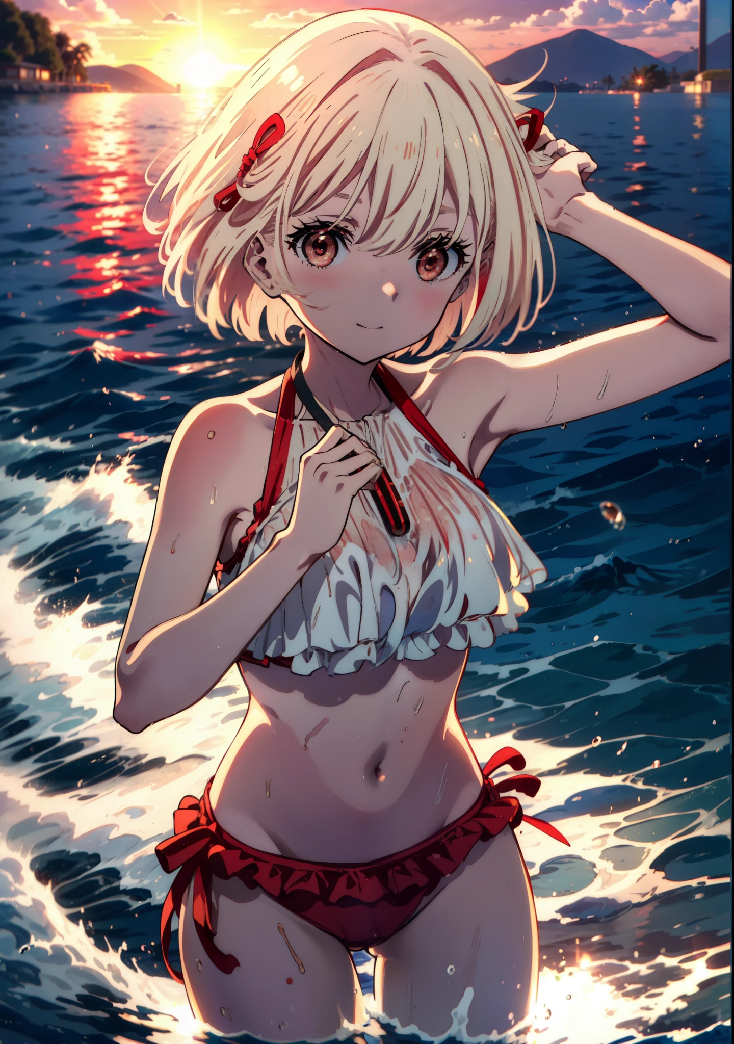  chisato nishikigi, short hair, bangs, Blonde, smile,(Red eyes:1.5),hair ribbon, One side up, Bobcut,smile,Red frilly bikini swimsuit,barefoot,Wet Skin,Wet swimsuit,Wet Hair,Water Play,evening,sunset,The sun is setting,Calm waves,
break outdoors,Beach,
break looking at viewer, whole body,(Cowboy Shot:1. 5),
break (masterpiece:1.2), Highest quality, High resolution, unity 8k wallpaper, (figure:0.8), (Beautiful attention to detail:1.6), Highly detailed face, Perfect lighting, Highly detailed CG, (Perfect hands, Perfect Anatomy),