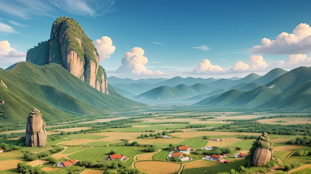 High resolution landscape, stylized. It has mountains of geometric shapes with large sun or moon, Palely hanging low in the sky. The foreground shows flat land with scattered shapes that resemble rocks or boulders. Những gam màu pastel nhẹ nhàng tạo ra một bầu không khí yên tĩnh và siêu thực.