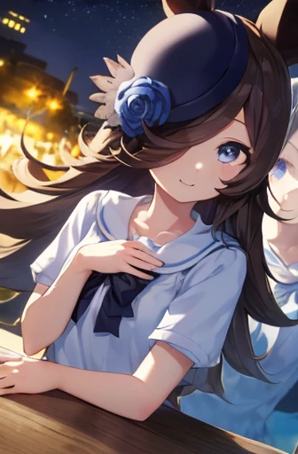 (Tabletop.Highest quality).(Dynamic Angle). (CG paintings with attention to detail),(Perfect image)、Comic Strip.shape.1 girl.Detailed face、Perfect Face.Delicate face、Cute and delicate girl in a white shirt、Rough skin、Black Hair.length、(Umamimi Girl)Umamimi Girl、((Beautiful Blue Eyes)).繊細でBeautiful Eyes、Beautiful Eyes、Reflected Eyes、smile.(Looking at the audience:1.3).(Face is a little red:0.8)、8k wallpaper、Cowboy Shot、reflected light、Most detailed、Complex、((With a delicate sea as a background、Night Sky、season summer))、Rough skin、Fine skin、(Super Resolution)、((Cute girl in white shirt))、((Beautiful sea)),Big Breasts