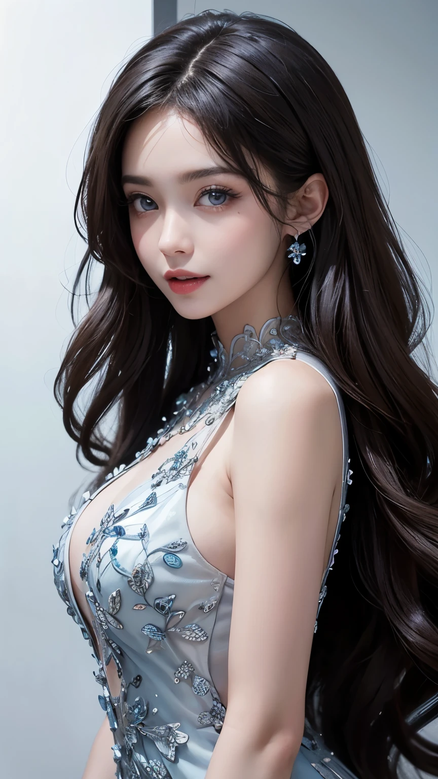 very beautiful, Beautifully dressed girl, Clean skin, Normal function, Beautiful lips, A smile appeared on his face. Beautiful figure, Modern Clothing, Cool Modern Couture Dress. Sexy, style. Presentation Background, Neutral gray-blue, In virtual space. Top quality, 1.60,000.. Full HD, Rendering. Create a work of art, Conveying the unique beauty of baby Michela.., Famous Digital Influencers. Pay attention to her unique facial expressions, When she looks directly into the camera., Trying to capture the depth of her piercing blue eyes. 用西班牙style的发型展现她的标志性style., Paired with two carefully crafted wigs.. Add details, Reflecting her charming and avant-garde personality.. We&#39;ve already taken care of it, Conveys a sense of modernity and originality, This is Lil Miquela&#39;s feature in the digital world. ., Some freckles and moles, and short hair, pack