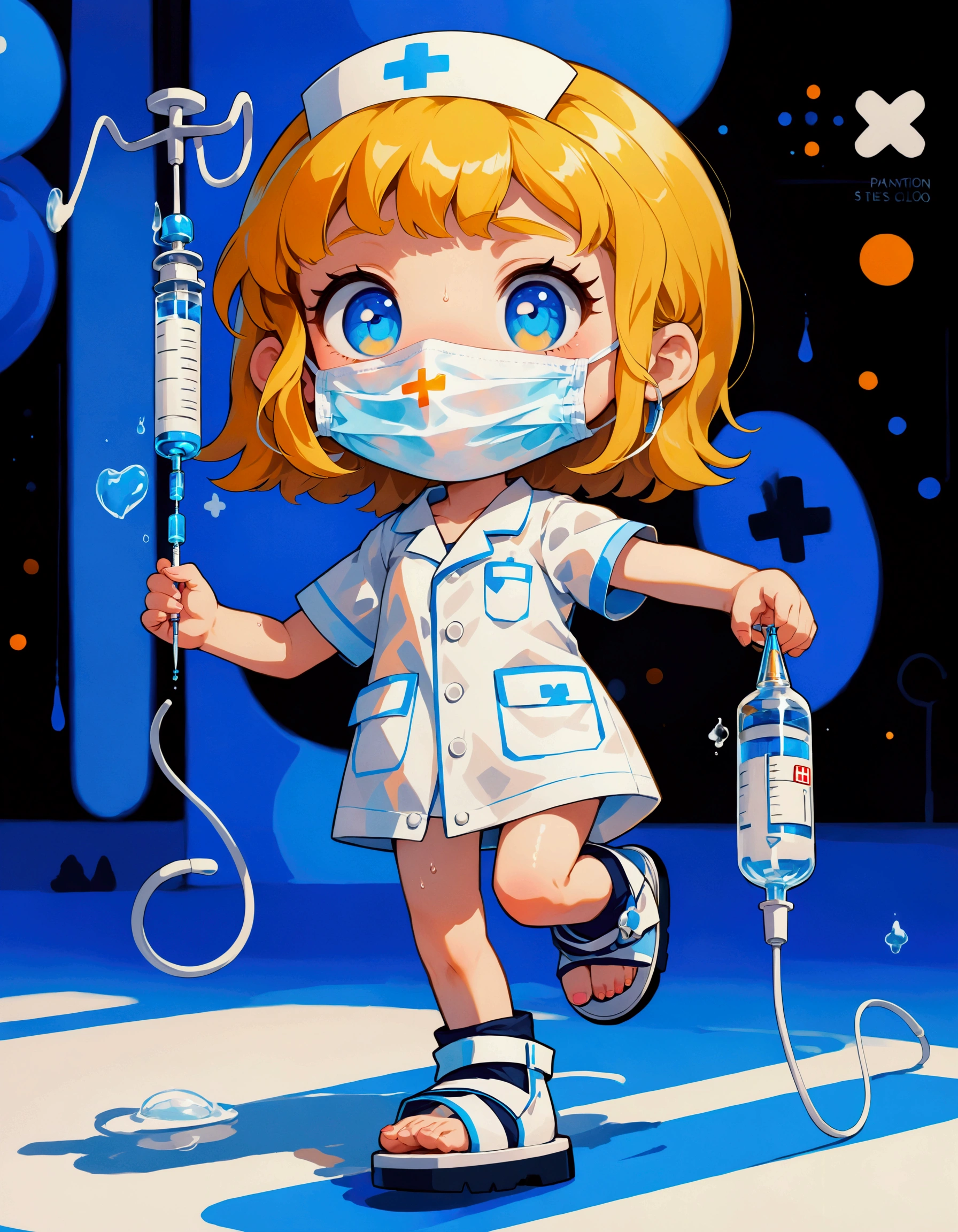 ultra-small deformation, Chibi Cute, 1girl, solo, full body, nurse, nurse cap, white nurse wear, ((white surgical mask, covered nose)), white sandals, blonde short hair, blue eyes, she is holding big syringe and hospital drip , running, sweat, speed line, dynamic action, High contrast and vivid color, pop color block pattern background