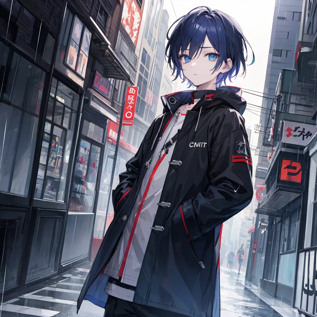 (masterpiece,Highest quality,Anime Style,atmosphere,More Information,CG rendering,Character portrait,Ray Tracing)((juvenile、juvenile、Shota、Solo))1 boy, City of night, rain, coat, Detailed face, Detailed eyes, Beautiful Eyes, View your viewers, Put your hands in your pockets、Beautiful colored eyes、Gradient Hair