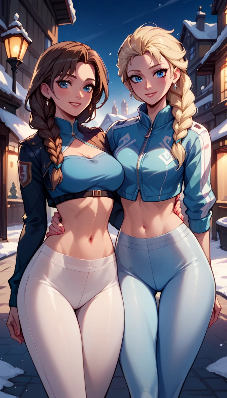 score_9, score_8_up, score_7_up, score_6_up, 2girls, elsa (blonde hair, braid, blue tights, cropped ski jacket, navel:1.1) and anna (brown hair, braided pigtails, white tights, cropped jacket, navel:1.3),, romantic scenes, on dates, snowy village street, lovers, in love, cinematic lighting,, sunset, cowboy shot.