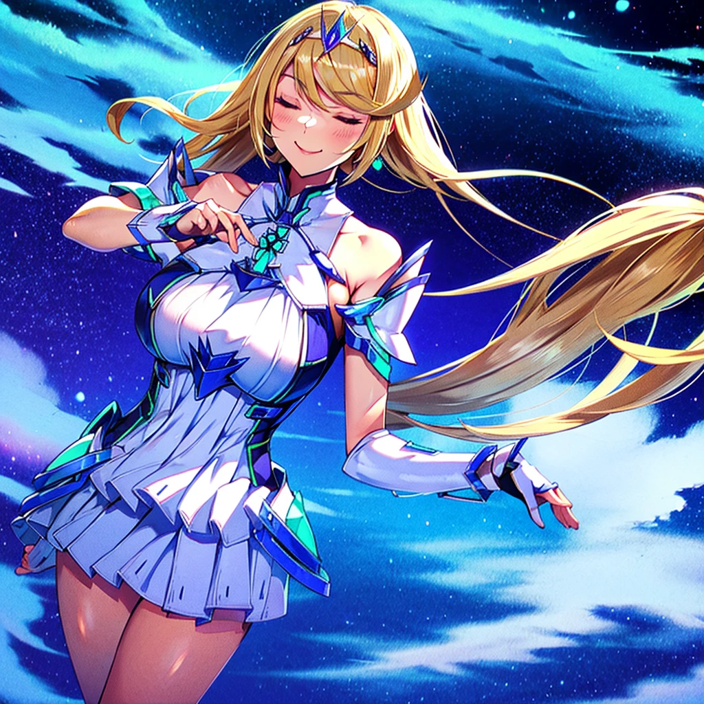 Her hair flowed like golden threads in the wind, and her eyes sparkled like starlight. Her smile was as soft and gentle as the moonlight on a summer night. Her laughter was as clear and sweet as a tinkling bell, and her walk had the grace of a dance. She was a work of art in herself.