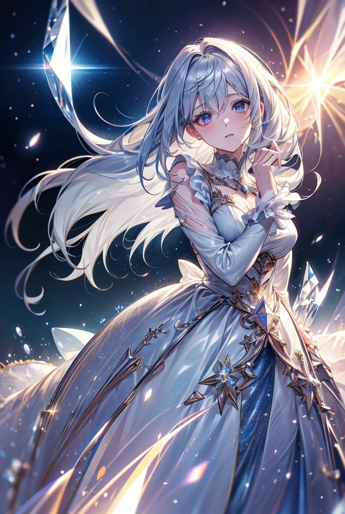 silver hair, crystal hair, Surrealism, anime, Hyperrealism, lens flare, 8k, super detail, UHD, masterpiece, accurate, anatomically correct, textured skin, super detail, high details, high quality, award winning, best quality, highres
**Theme**: Beginner girl
**Character Details**:
- **Hair Color**: Silver
- **Personality**: Quiet but curious
- **Clothing**: Cute dress
**Background**: Starry sky
