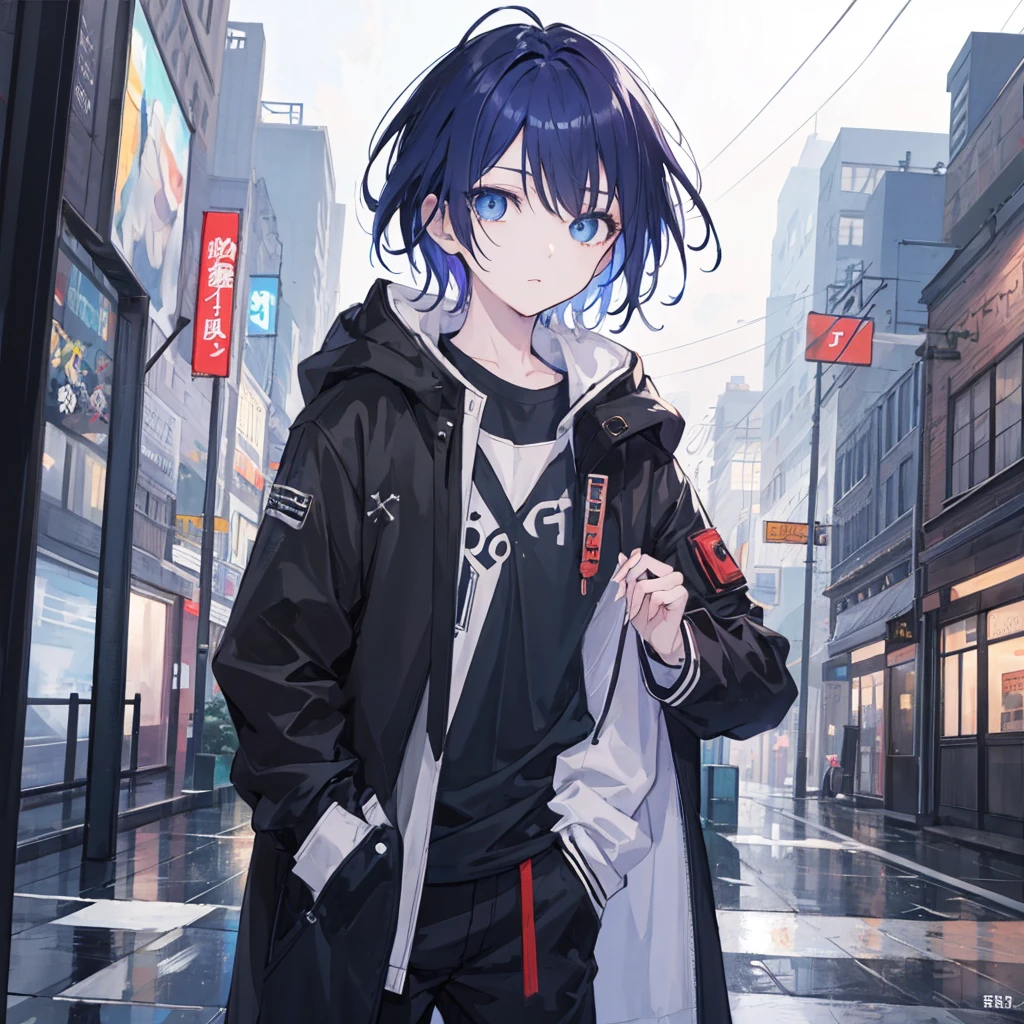 (masterpiece,Highest quality,Anime Style,atmosphere,More Information,CG rendering,Character portrait,Ray Tracing)((juvenile、juvenile、Shota、Solo))1 boy, City of night, rain, coat, Detailed face, Detailed eyes, Beautiful Eyes, View your viewers, Put your hands in your pockets、Beautiful colored eyes、Beautiful colored hair