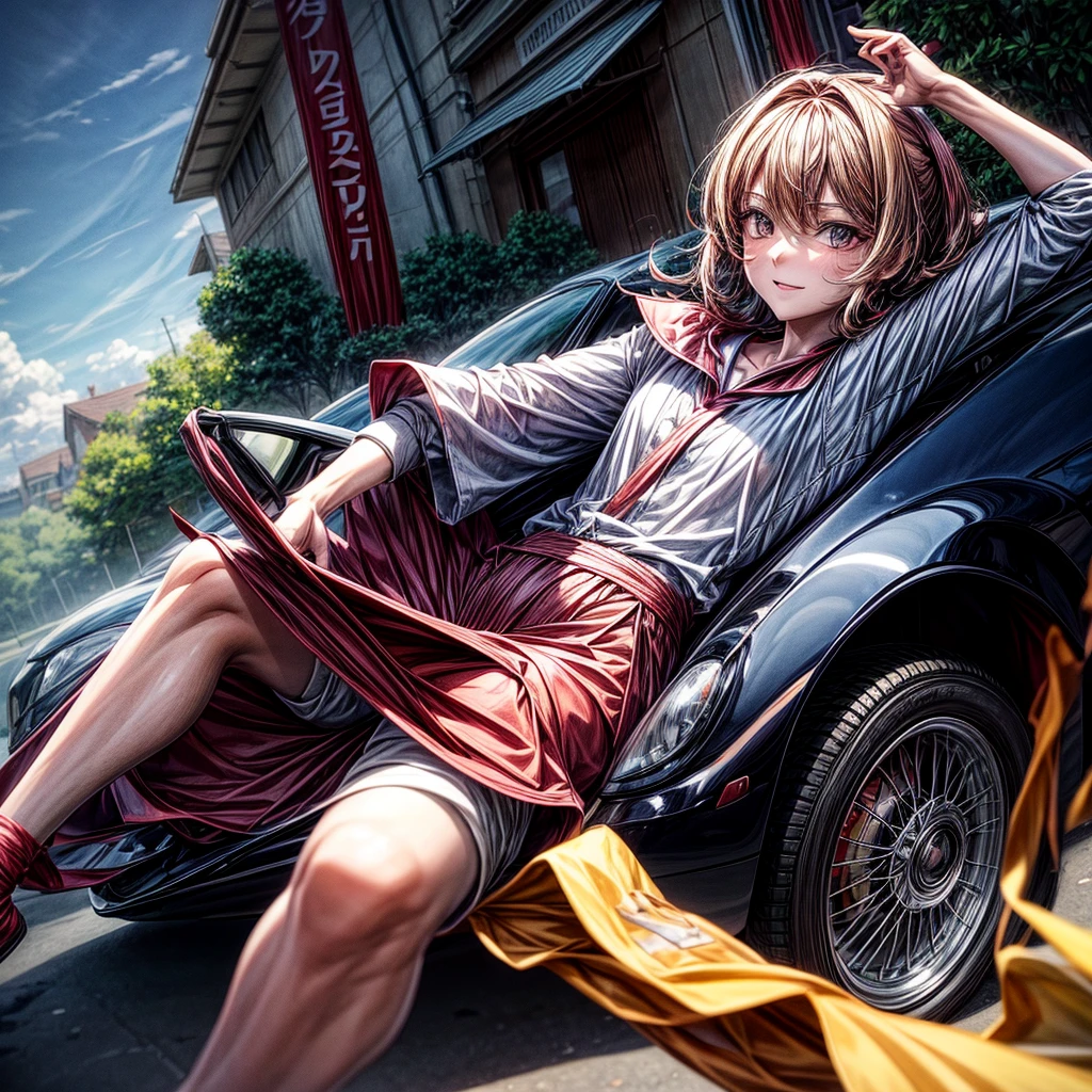 （Giant Elements、High resolution、High resolution、high quality、Accurate body structure、Detailed body、Barefoot woman）、(A very angry woman catches a car:1.6)、(Destroyed cars:1.6))
