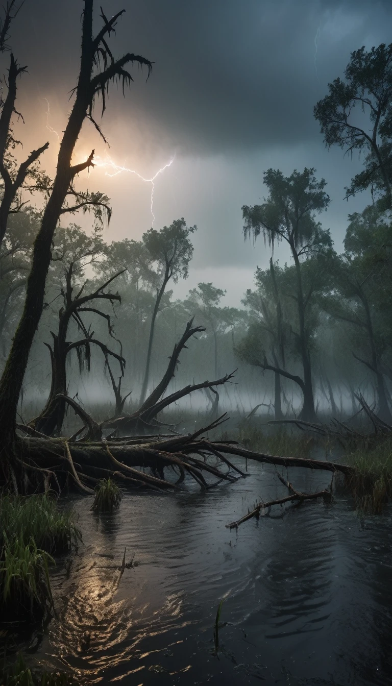 A highly detailed, 8k resolution image of a dark, eerie swamp during a violent storm. The scene is filled with torrential rain, strong winds bending the twisted trees, and lightning illuminating the ominous landscape. The murky water is disturbed by the rain, creating ripples and splashes. The atmosphere is tense and foreboding, with dense fog adding to the sense of mystery and danger. The overall mood is one of chaos and intensity, capturing the wild power of the storm in the dark swamp.