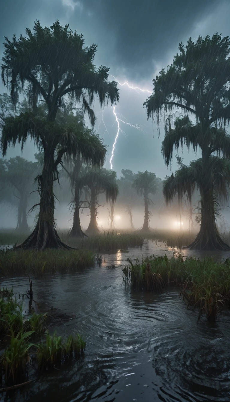 A highly detailed, 8k resolution image of a dark, eerie swamp during a violent storm. The scene is filled with torrential rain, strong winds bending the twisted trees, and lightning illuminating the ominous landscape. The murky water is disturbed by the rain, creating ripples and splashes. The atmosphere is tense and foreboding, with dense fog adding to the sense of mystery and danger. The overall mood is one of chaos and intensity, capturing the wild power of the storm in the dark swamp.