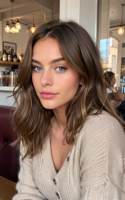 Belle brune aux reflets blonds portant un pull beige (in a cafe drinking soda), very detailed, 22 ans, visage innocent, natural wavy hair, blue eye, high resolution, head of'artwork, best quality, intricate details, very detailed, mise au point nette, detailed skin, texture de peau réaliste, texture, detailed eyes, professionnel, 4K, charming smile, filmed on Canon, 85 millimeters, shallow depth of field, Kodak Vision Color, corps parfaitement ajusté, extremely detailed, Photograph_\(ultra\), Photorealistic, realistic, Post-traitement, maximum details, roughness, real life, ultra realistic, photorealism, photographie, 8k uh, photographie