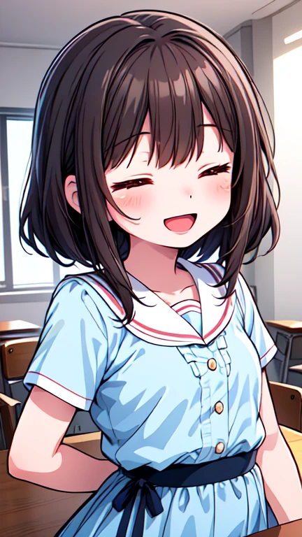 Let's think step by step,Highest quality, masterpiece, Ultra-high resolution, 8k,Show anime style ,Soft Line Art, Digital Enhancement, shojo anime touch, shojo manga core, Flowing fabric, Soft Drawing, Ultra-Definition Digital Anime Art, Clear facial depiction, Super detailed girl cartoon character art, Ultra-detailed manga style, Highest qualityの色,(((Upper body close-up))), (Tabletop,Highest quality:1.4),(8k,RAW Photos,Like the picture:1.2), (((closed eyes,open mouth, smile))),Detailed skin,Detailed face,A woman with short brown hair, Anatomically perfect hands,Clear brown eyes,A little chubby,Small breasts,Small butt,Cute Face,spread arms