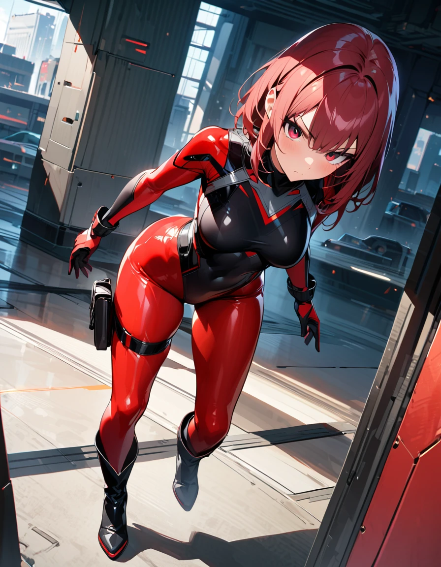 Red haired little young girl with big eyes in latex nipples visible stands on top of building 