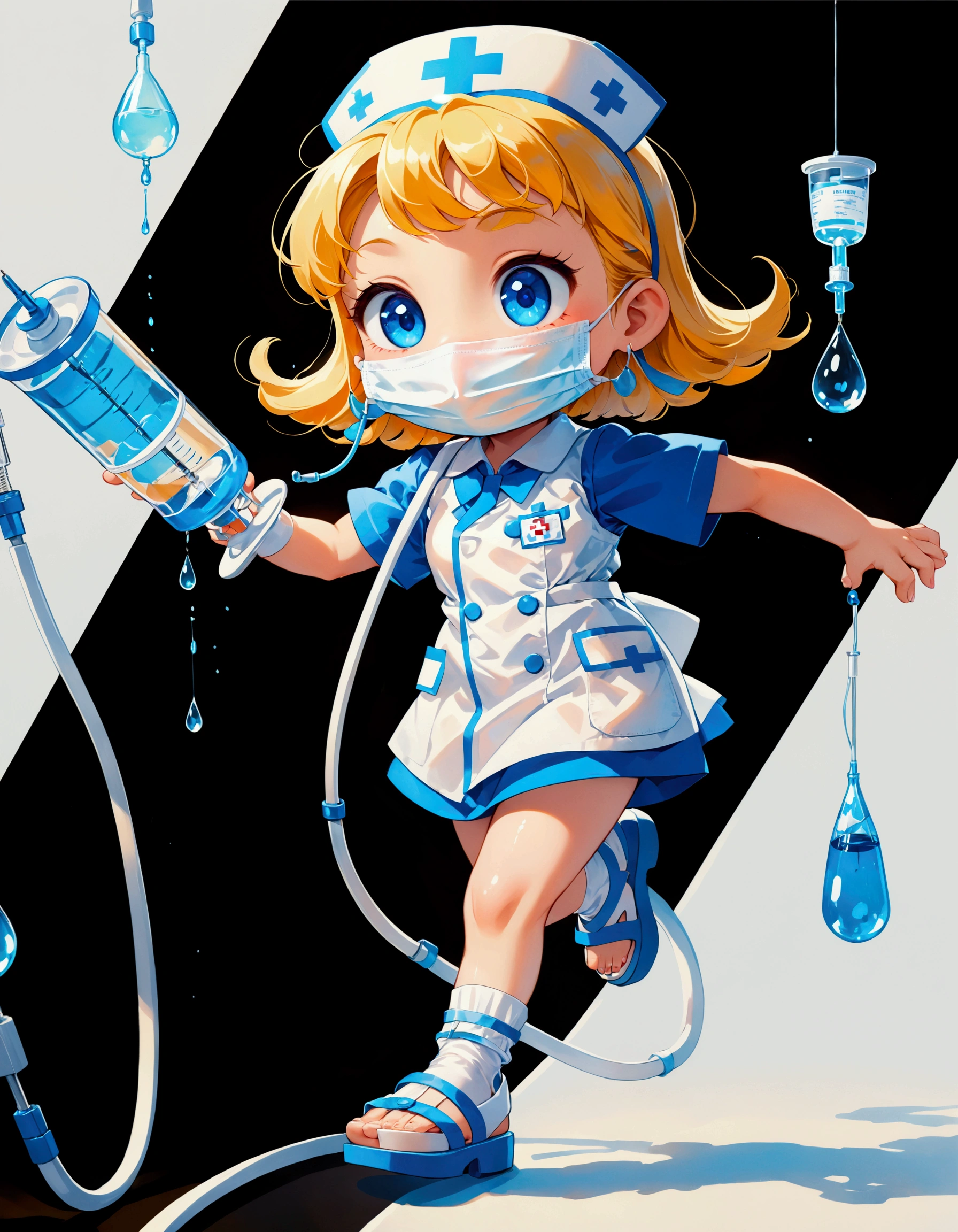 ultra-small deformation, Chibi Cute, 1girl, solo, full body, nurse, nurse cap, white nurse wear, ((white surgical mask, covered nose)), white sandals, blonde short hair, blue eyes, she is holding big syringe and hospital drip , running, sweat, speed line, dynamic action, High contrast and vivid color, pop color block pattern background