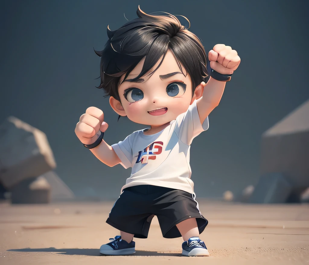 Cute 3D rendering style,Tide play style,The little boy cheering you on,His hand is in a victory fist.,Wearing a white T-shirt,Black hair,Black eyes,Wear shoes,Happy expression,8k,high quality,Soften Tone,Repair face and hands
