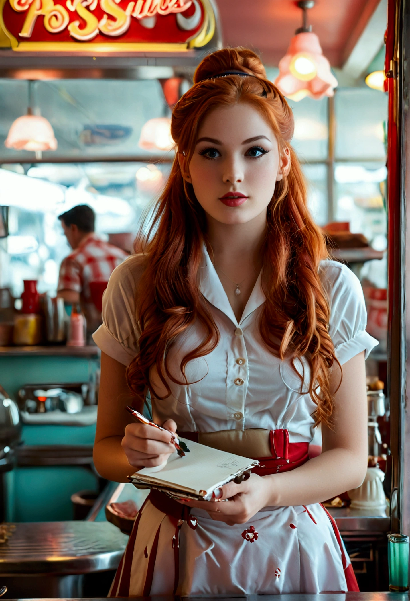 ultra realistic, photography, long red hair, girl, 24 years old, hourglass figure, perfect body, Flirty look, natural breasts, blur background, working at a 60s diner, standing at the counter, waitress outfit, hair in a bun, notepad and pencil in her hands