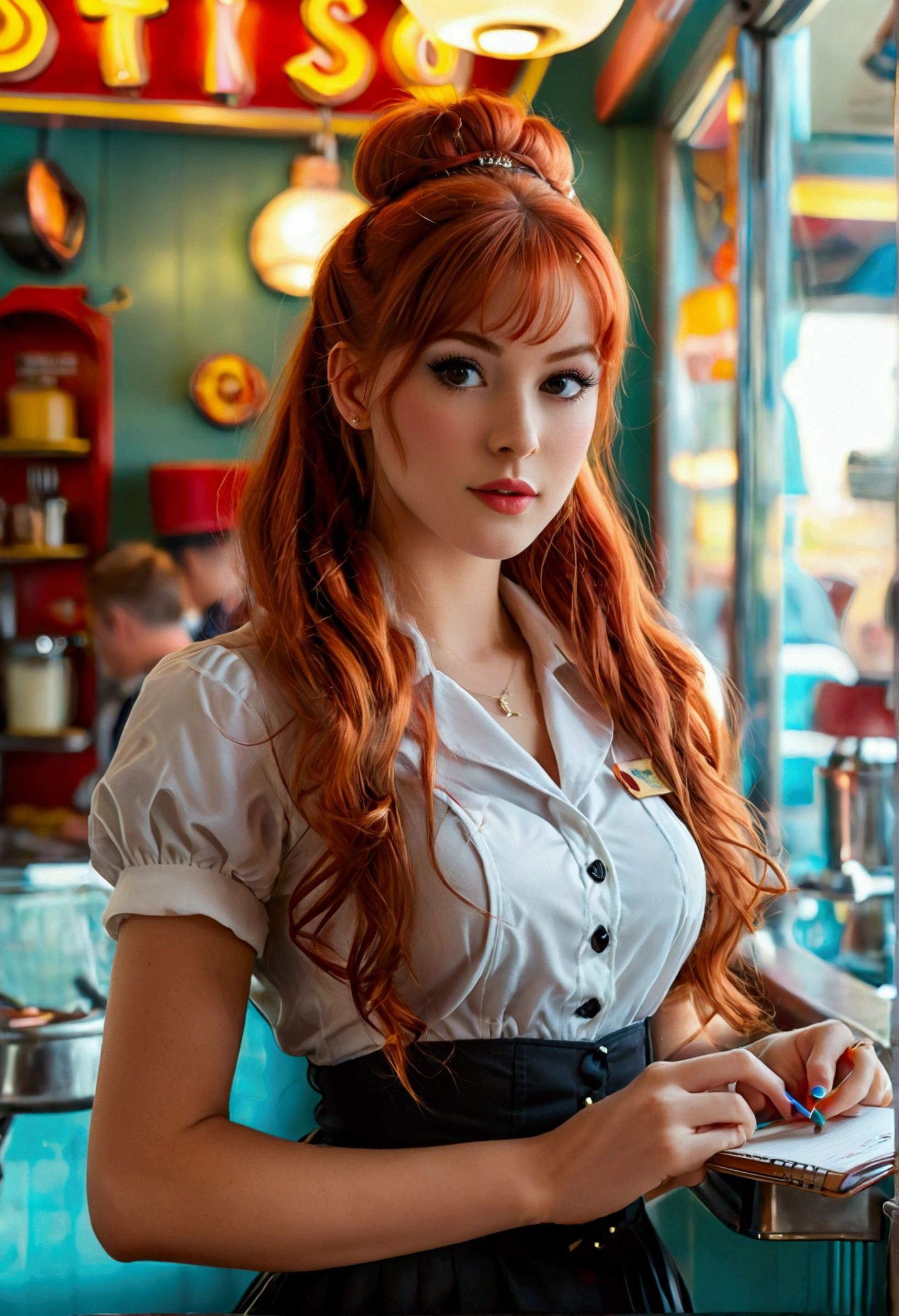 ultra realistic, photography, long red hair, girl, 24 years old, hourglass figure, perfect body, Flirty look, natural breasts, blur background, working at a 60s diner, standing at the counter, waitress outfit, hair in a bun, notepad and pencil in her hands
