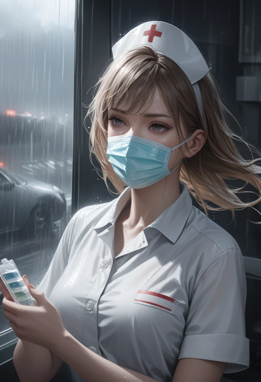 best quality, high resolution, ultra detailed, realistic, female nurse, holding medicines, wearing medical mask, heavy rain, wind, thunder, reflections, 