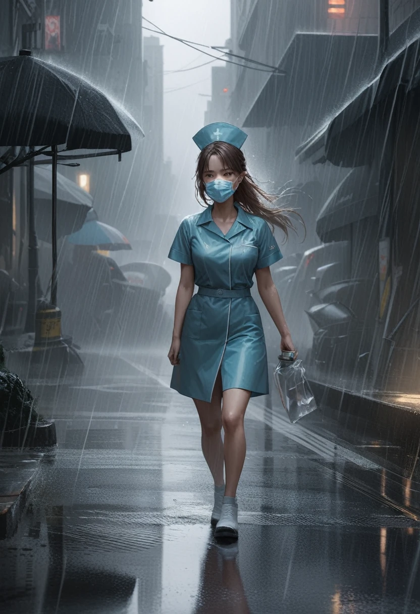 best quality, high resolution, ultra detailed, realistic, female nurse with medicines, wearing medical mask, heavy rain, wind, thunder, reflections,