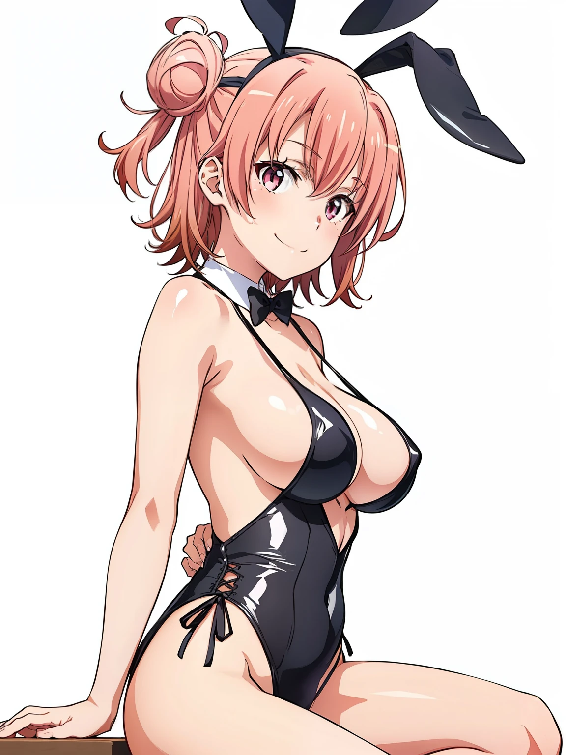 ((masutepiece, Best Quality, hight resolution, nffsw, Perfect Pixel, depth of fields, 4K, )), 1girl in, Solo, , Beautiful anime girl, Beautiful Art Style, close up, Looking at Viewer, Perfect body, side shot, Yuigahama Yui, Short hair, pink hair, pink eyes, hairbun, (large boob), side boob, sitting, black playboy bunny outfit, smile, hands on thighs, blank white background, shot from the waist up