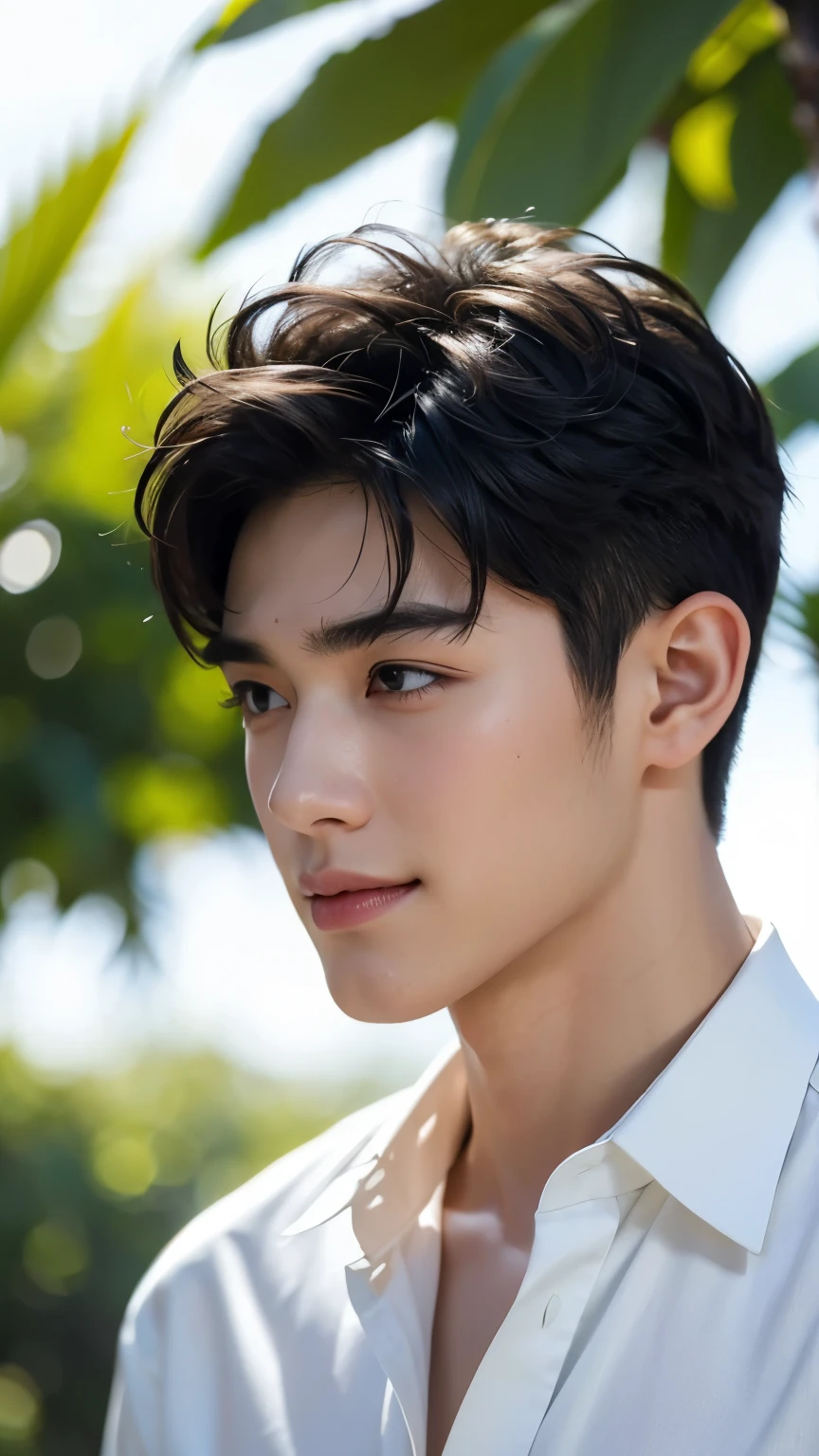 Very handsome boy, Front view,strong,High target, Gorgeous, beautiful, Smiling and staring at you,Sharp jawline, Bangs, Black Hair, Lovely, White skin, White shirt, photo shoot, Soft black eyes, perfect, detail, real, unreal beauty, symmetry, Ultra-high quality,Sunny outdoors