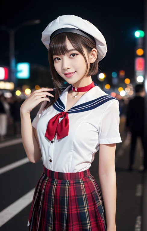 (1 gorgeous Asian women, age 20s, standing with natural pose, at a surreal Shibuya Crossing Tokyo, no people in background, night sky. She's dressed in Japanese JK Uniform, Serafuku, Seifuku, Sailor Uniform, silver neck choker, white blouse, sailor-style collar, pleated skirt, Buttons, Red Ribbon, Red Bolo Tie, Striped Necktie, Red Neckerchief, Red Bow, Sailor Hat, Western-style plaid skirt, knee-high socks, beautiful detailed face, beautiful detailed eyes, dimpled smile, kind & friendly smile, short bob hair, ponytail, cute snaggletooth, ample round bosom, Fit & Healthy body proportion, photorealistic, hyper-realism, high contrast, ultra HD, realistic skin textures, top image quality, top-quality, super high resolution, fine details, very meticulously, bokeh background, full_body_shot, vivid colours, masterpiece) #aliceinborderland