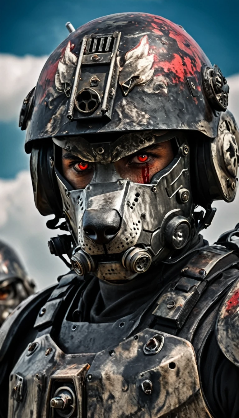 Close-up of a ((Wolf-human warior)) , half human, half wolf, their faces partially obscured by military helmets. Their eyes are filled with sadness and longing. The background is a trail of blood and violence. He wears a mechanized robot armor, carved with animal elements, human skulls. The sky is filled with swirling, fiery clouds. The photo conveys a strong sense of the warrior's appearance.