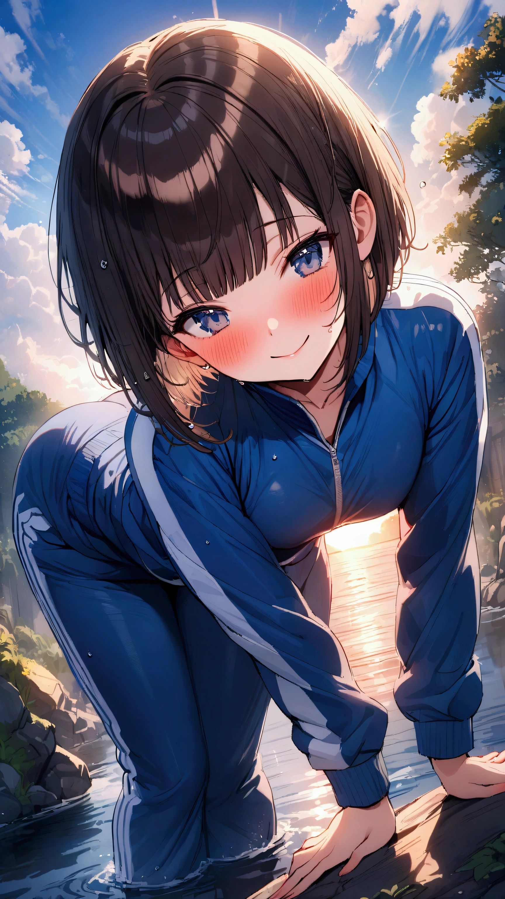 masterpiece, Highest quality, Ultra-high resolution, (beautiful girl: 1.3), Brown Hair, (((Sharp bob))),Looks about 15 years old、 (Blue sweatpants: 1.4), (The jacket is a blue track jacket.: 1.4), Rear View、The setting sun is dazzling in the waterway、Wet、(Embarrassing: 1.2), (blush: 1.4),smile、Focus on a very big, round and beautifully shaped ass、Splash,(leaning forward:1.5)