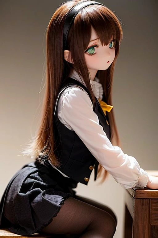 (SFW:2), photorealistic, realistic photo, 8k, ((highest quality)), ((masterpiece)), (extremely detailed), kukolnydom, doll, (mature woman, 22yo, 22 years old, solo:1.6), (profile, from side, sitting on desk. slim, slender, skinny, medium breasts, hairband, ascot, vest, blouse, long puff sleeves, pleated skirt, black pantyhose, green eyes, brown hair, long hair, plastic skin, looking at another, glass eyes, gradient eyes, shining eyes, detailed eyes:1.3)