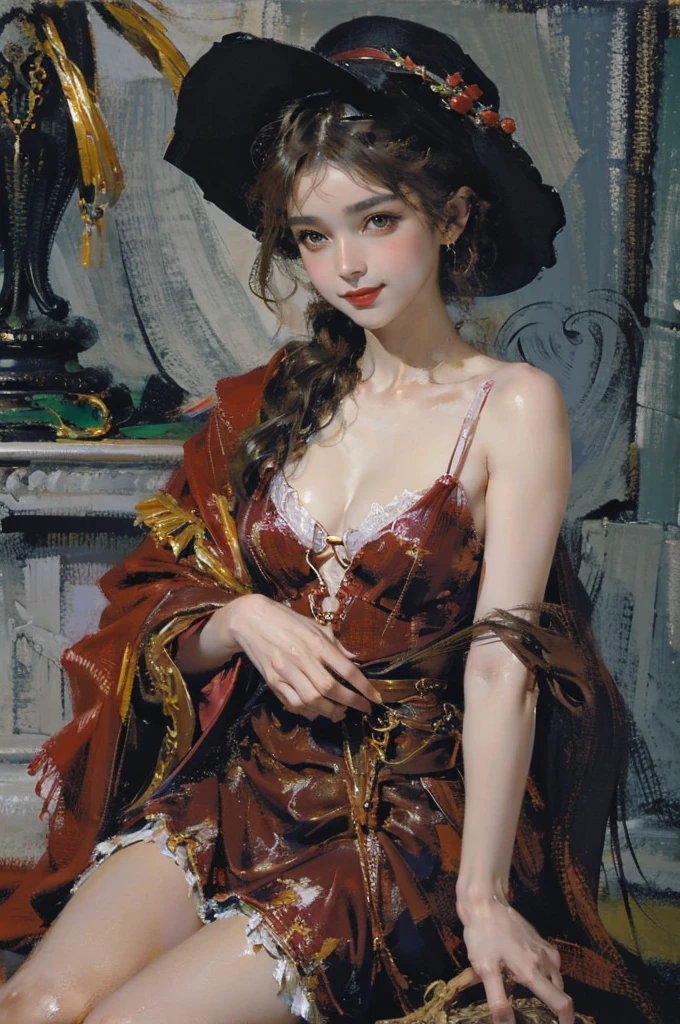 Depicting the girl in red meeting the wolves,Quiet and harmonious atmosphere,Dramatic composition,Warm color palette,Correct anatomy,Detailed face, Detailed eyes,(Girls wear:red shawl,Red Hat,laced dress,Red Hat, cloaks, big bust bra, a skirt, Red dress,Carrying a basket of fruit),Background with:allure,natural lightting, Candy House,a fairy world,((Sexual suggestiveness)),Attractions,(post impressionist),,(Fechin Oil Painting - Fechin Oil Painting , oil painted), Smiling, Close-up cleavage,Charming and sexy legs,01, cleavage, sexy, thigh