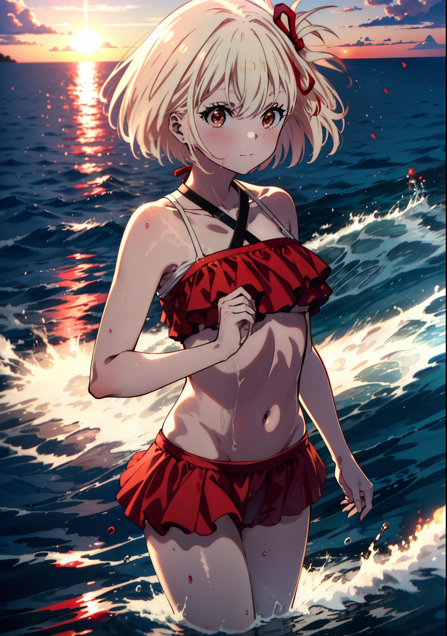 a very thin girl of 13 years old in a wet open shirt, Short thin swimming trunks, Thin, Red eyes, white hair with red tips