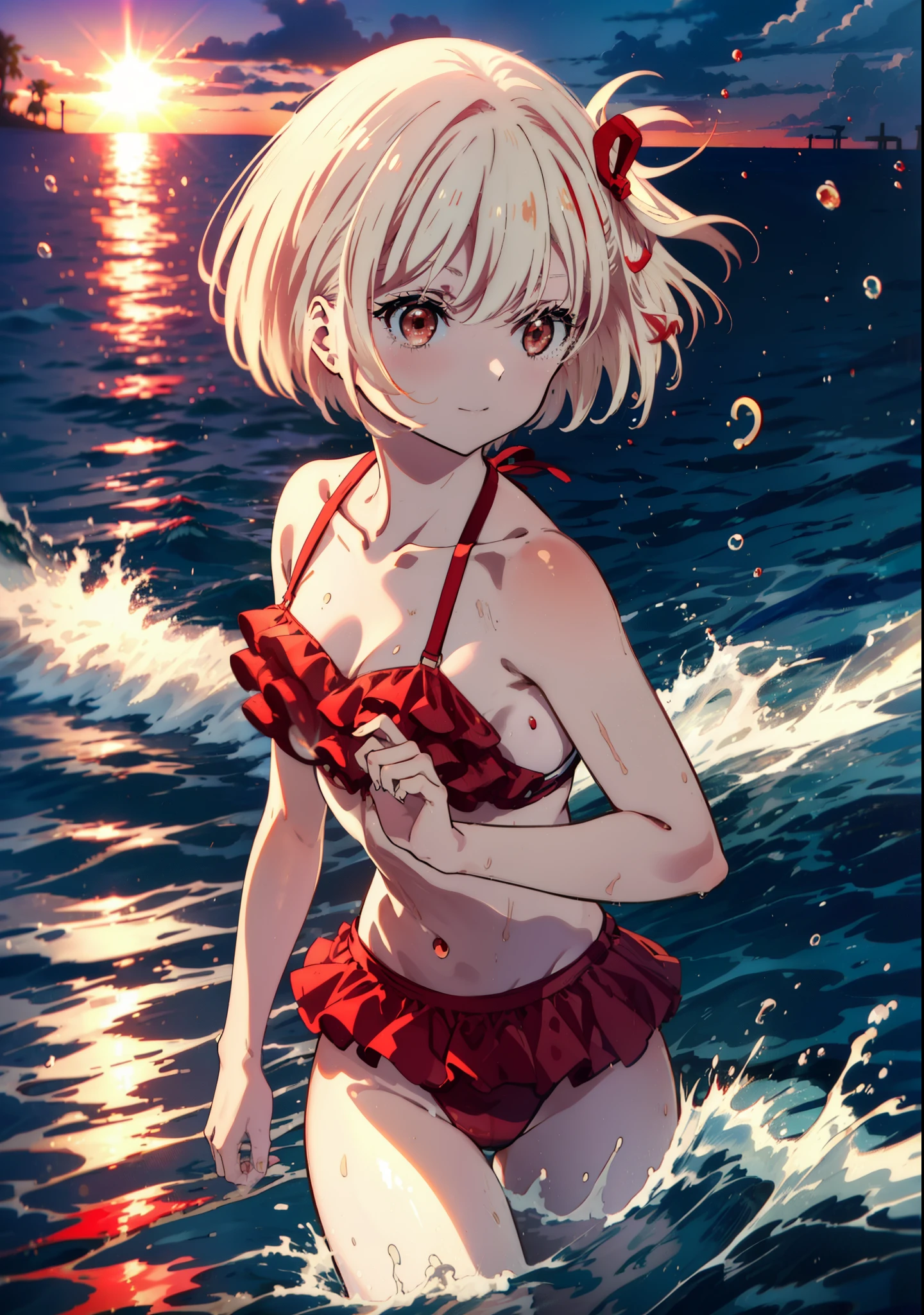  chisato nishikigi, short hair, bangs, Blonde, smile,(Red eyes:1.5),hair ribbon, One side up, Bobcut,smile,Red frilly bikini swimsuit,barefoot,Wet Skin,Wet swimsuit,Wet Hair,Water Play,evening,sunset,The sun is setting,Calm waves,
break outdoors,Beach,
break looking at viewer, whole body,(Cowboy Shot:1. 5),
break (masterpiece:1.2), Highest quality, High resolution, unity 8k wallpaper, (figure:0.8), (Beautiful attention to detail:1.6), Highly detailed face, Perfect lighting, Highly detailed CG, (Perfect hands, Perfect Anatomy),