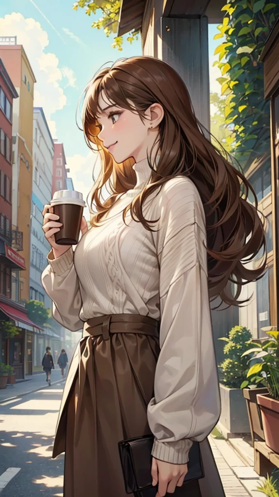 Watercolor, Line art, Monotony, Profile of a woman with a clear face through brown hair, holding a coffee cup in one hand, Look up, Stranger, smile, Brown loose half-up hairstyle and oversized knit sweater, From the chest up, Portrait, SLR, stroll, Fresh greenery, building, mean, 8ｋ