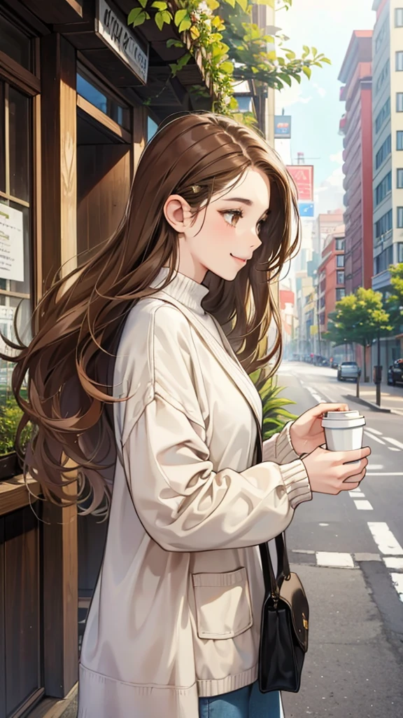 Watercolor, Line art, Monotony, Profile of a woman with a clear face through brown hair, holding a coffee cup in one hand, Look up, Stranger, smile, Brown loose half-up hairstyle and oversized knit sweater, From the chest up, Portrait, SLR, stroll, Fresh greenery, building, mean, 8ｋ