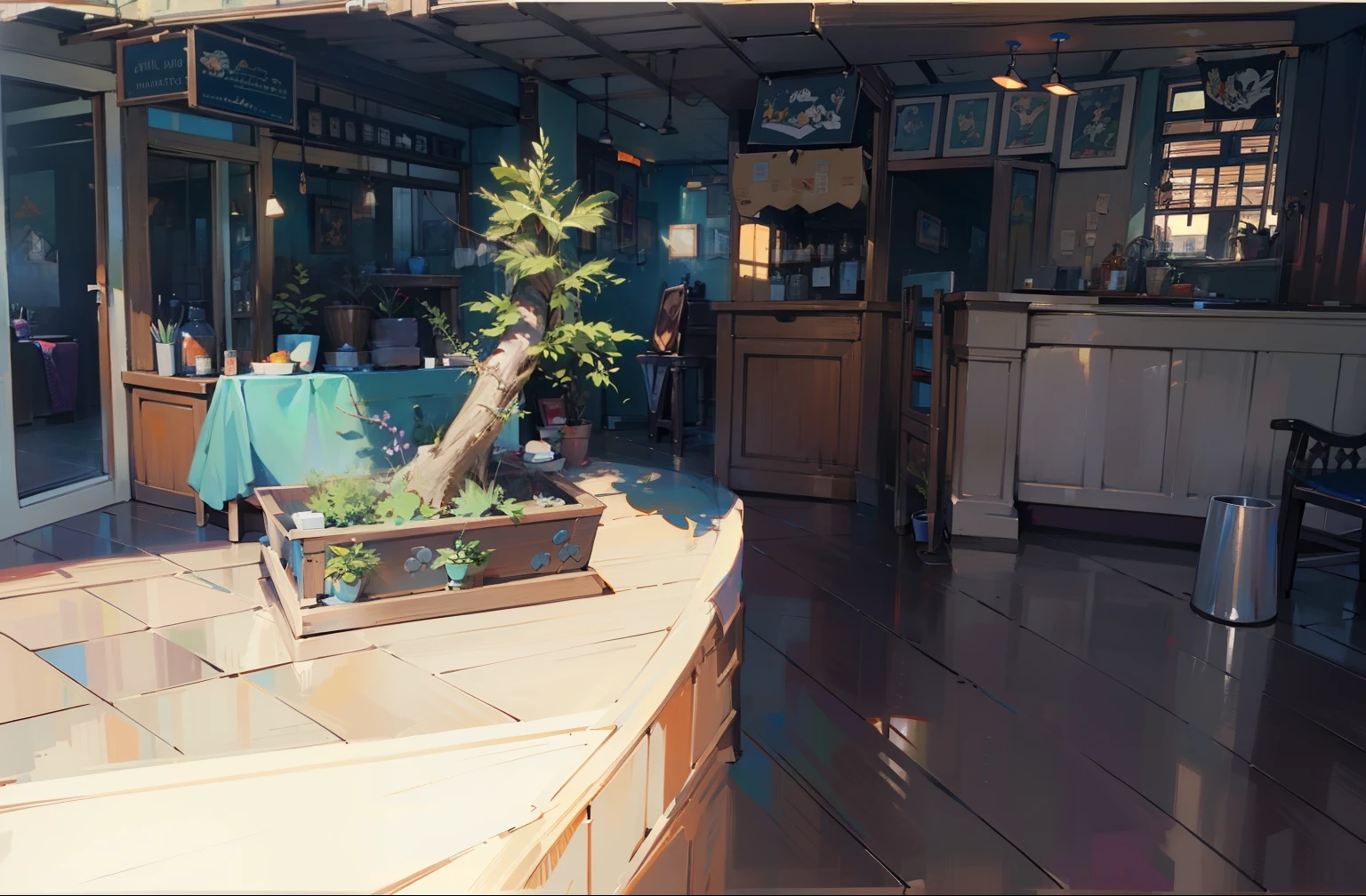 (masterpiece, best quality, Very detailed, Best shadow,Cartoon Style,Comic landscape),Restaurant interior,On the table,A potted plant,Wooden floor,Sunlight shines indoors,There is a simple wall behind