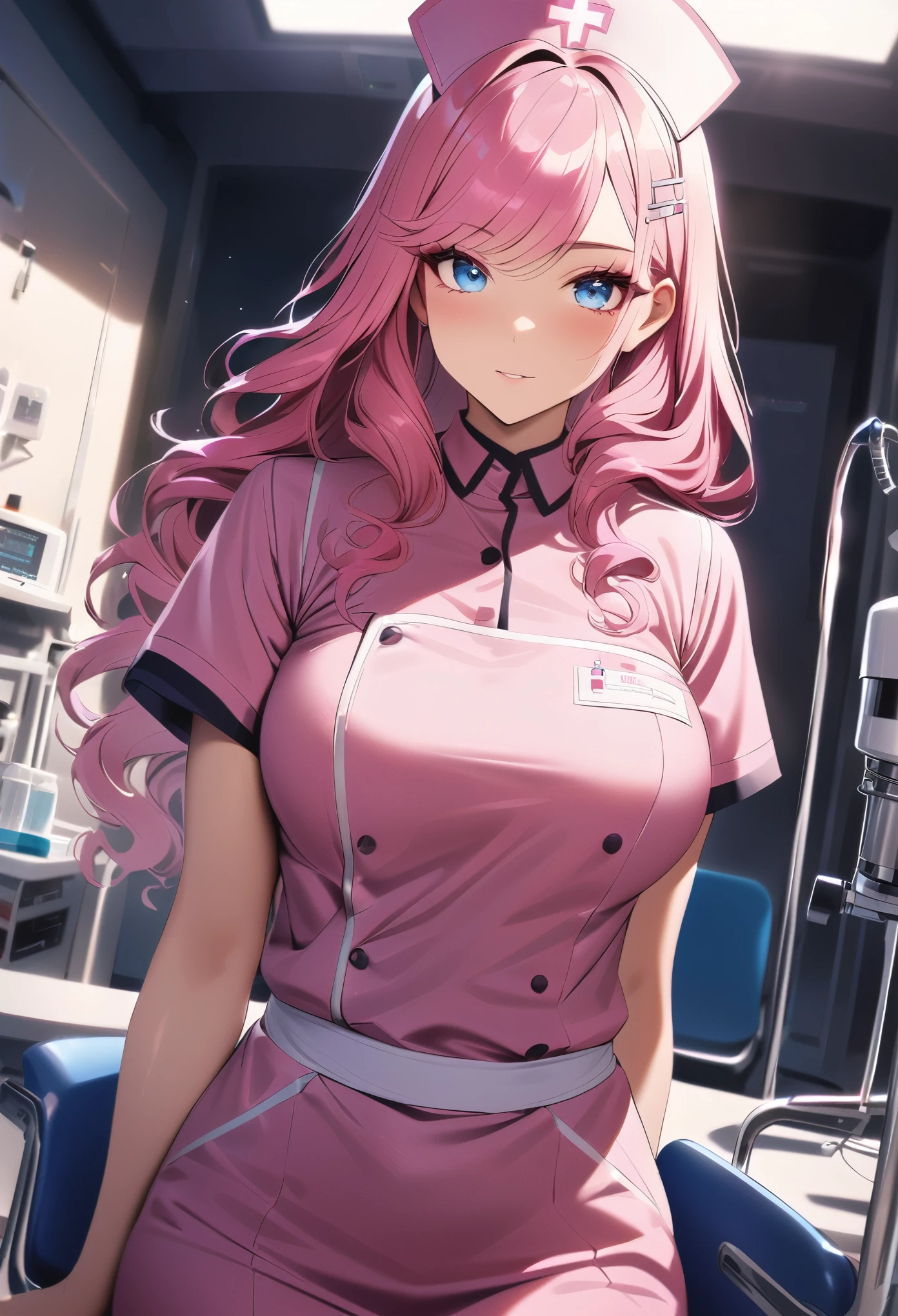 a beautiful young woman in a pink nurse uniform, detailed facial features, beautiful eyes, elegant makeup, long hair, medical equipment in the background, hospital setting, bright lighting, cinematic composition, photorealistic, 8K, high resolution, detailed textures, vibrant colors, professional lighting, depth of field, masterpiece