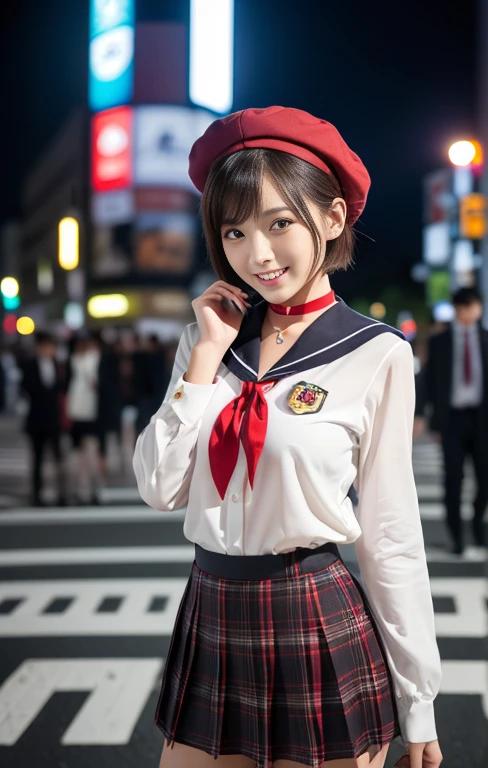 (1 gorgeous Asian women, age 20s, standing with natural pose, at a surreal Shibuya Crossing Tokyo, no people in background, night sky. She's dressed in Japanese JK Uniform, Serafuku, Seifuku, Sailor Uniform, silver neck choker, white blouse, sailor-style collar, pleated skirt, Buttons, Red Ribbon, Red Bolo Tie, Striped Necktie, Red Neckerchief, Red Bow, Sailor Hat, Western-style plaid skirt, knee-high socks, beautiful detailed face, beautiful detailed eyes, dimpled smile, kind & friendly smile, short bob hair, ponytail, cute snaggletooth, ample round bosom, Fit & Healthy body proportion, photorealistic, hyper-realism, high contrast, ultra HD, realistic skin textures, top image quality, top-quality, super high resolution, fine details, very meticulously, bokeh background, full_body_shot, vivid colours, masterpiece) #aliceinborderland