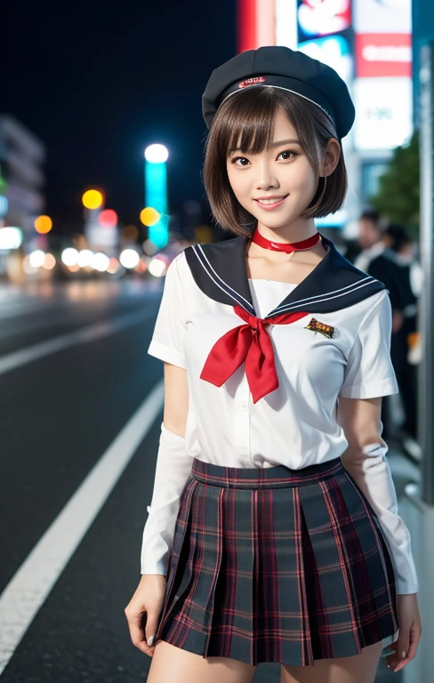 (1 gorgeous Asian women, age 20s, standing with natural pose, at a surreal Shibuya Crossing Tokyo, no people in background, night sky. She's dressed in Japanese JK Uniform, Serafuku, Seifuku, Sailor Uniform, silver neck choker, white blouse, sailor-style collar, pleated skirt, Buttons, Red Ribbon, Red Bolo Tie, Striped Necktie, Red Neckerchief, Red Bow, Sailor Hat, Western-style plaid skirt, knee-high socks, beautiful detailed face, beautiful detailed eyes, dimpled smile, kind & friendly smile, short bob hair, ponytail, cute snaggletooth, ample round bosom, Fit & Healthy body proportion, photorealistic, hyper-realism, high contrast, ultra HD, realistic skin textures, top image quality, top-quality, super high resolution, fine details, very meticulously, bokeh background, full_body_shot, vivid colours, masterpiece) #aliceinborderland