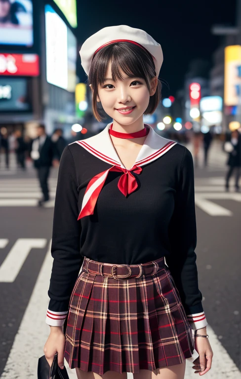(1 gorgeous Asian women, age 20s, standing with natural pose, at a surreal Shibuya Crossing Tokyo, no people in background, night sky. She's dressed in Japanese JK Uniform, Serafuku, Seifuku, Sailor Uniform, silver neck choker, white blouse, sailor-style collar, pleated skirt, Buttons, Red Ribbon, Red Bolo Tie, Striped Necktie, Red Neckerchief, Red Bow, Sailor Hat, Western-style plaid skirt, knee-high socks, beautiful detailed face, beautiful detailed eyes, dimpled smile, kind & friendly smile, short bob hair, ponytail, cute snaggletooth, ample round bosom, Fit & Healthy body proportion, photorealistic, hyper-realism, high contrast, ultra HD, realistic skin textures, top image quality, top-quality, super high resolution, fine details, very meticulously, bokeh background, full_body_shot, vivid colours, masterpiece) #aliceinborderland
